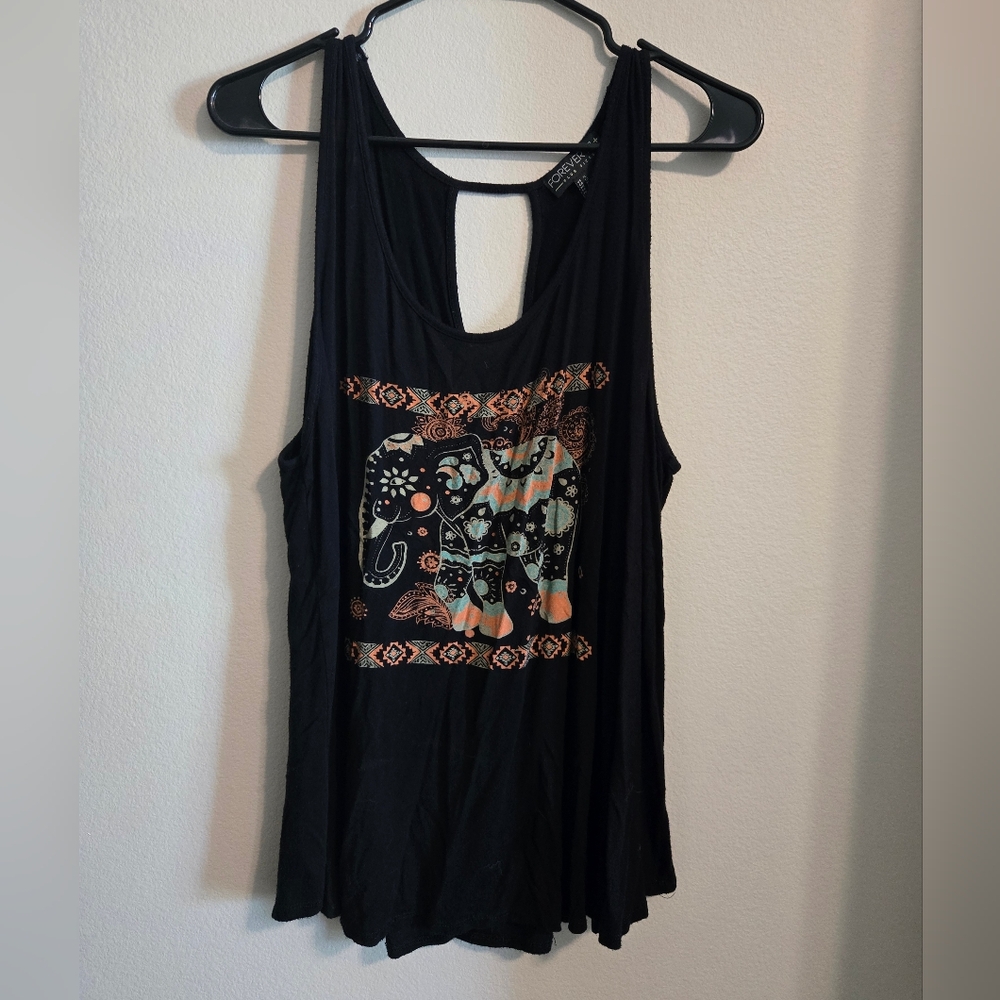 Forever 21 Black Tank with Multicolor Boho Elephant Print | Womens XL